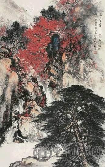 黎雄才 1976年作 秋山松瀑 立轴 设色纸本