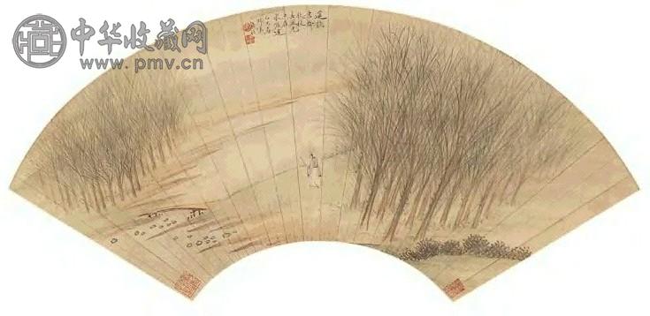 钱杜 1785年作 柳荫策杖 扇面 设色纸本