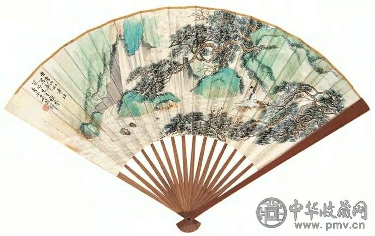 吴榖祥 孙廷翰 抱琴听松图 行书 成扇 设色金笺