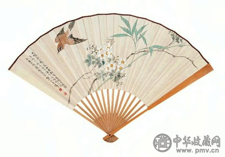 王师子 疏枝飞禽 成扇 设色纸本