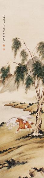 马晋 丁卯(1927年)作 柳荫双骏 镜心 设色纸本