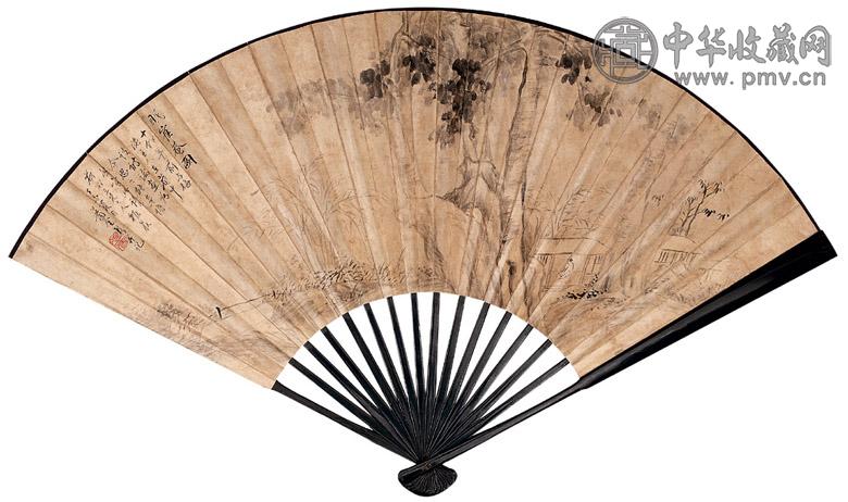 金心兰 张鸣珂 1897年作 眠雀庵图 行楷 成扇 水墨泥金笺纸本