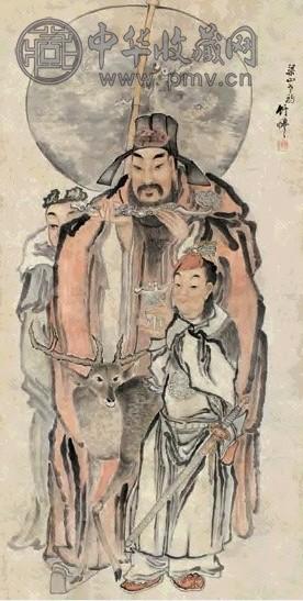 竹禅 天官赐福图 立轴 设色纸本