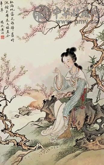 黄均 惜花仕女 立轴 设色纸本