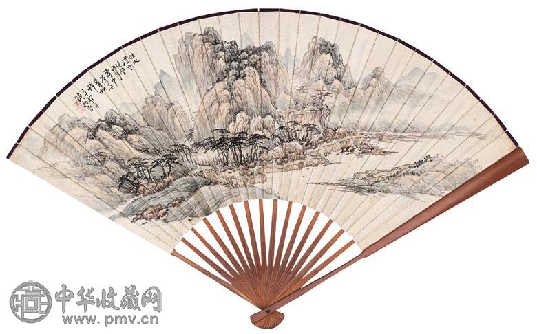 钱松嵒 刘持盈 1951年作 秋水澄空 书法 成扇 设色纸本