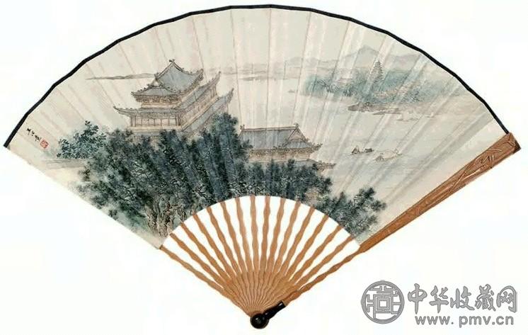 王心竞 滕王阁 成扇 设色纸本