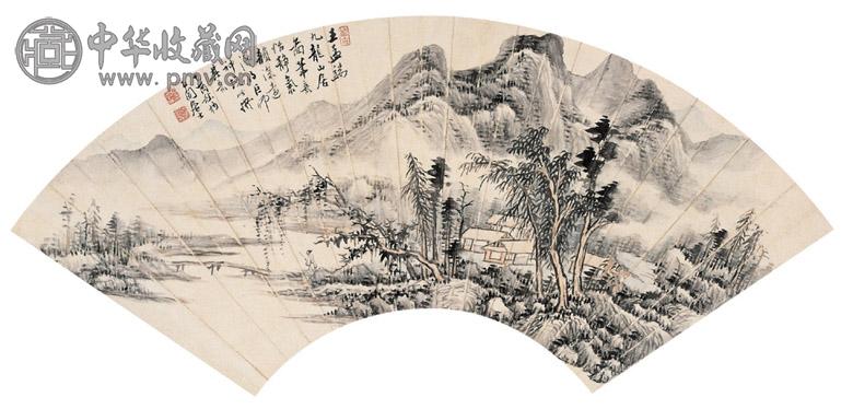 张石园 山居图 扇面镜心 设色纸本
