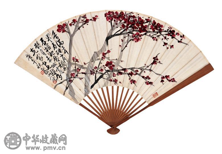 王一亭 红梅图并行书 成扇 设色纸本