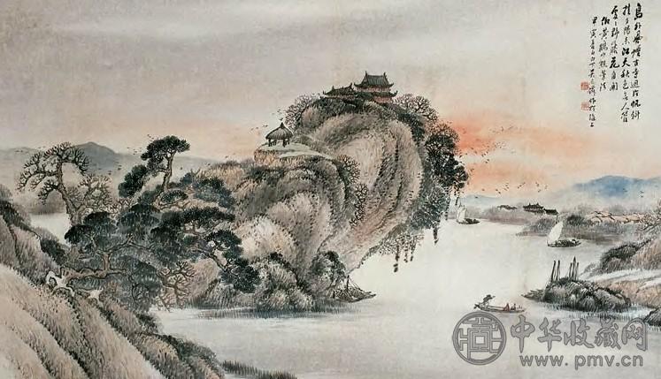 吴石仙 甲寅(1914年)作 江山烟波图 横披 设色纸本