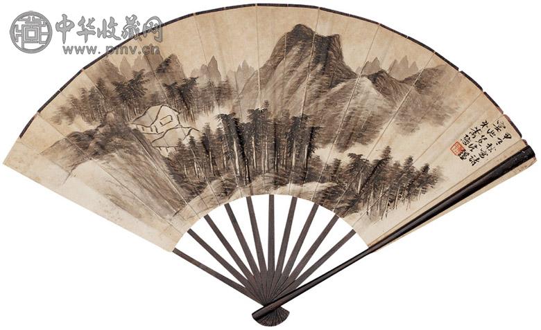 萧愻 天骥 1924年作 山水 篆书 成扇 水墨纸本