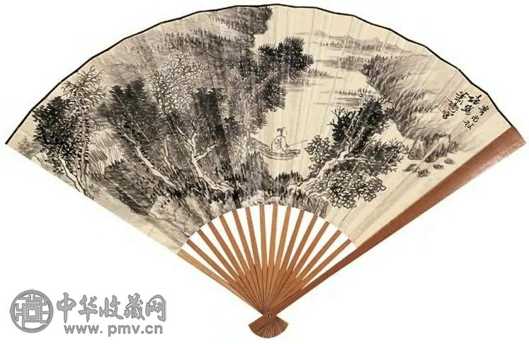 萧愻 1943年作 山水 成扇 水墨纸本