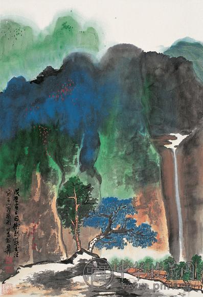 谢稚柳 戊辰(1988年)作 春山飞瀑图 立轴 设色纸本