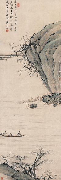 潘恭寿 王文治 京口放舟图 立轴 设色纸本