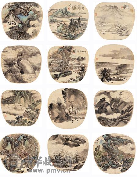 何维朴 沈翰 云衣 1869年-1870年作 三家团扇山水合册(12开) 设色纸本