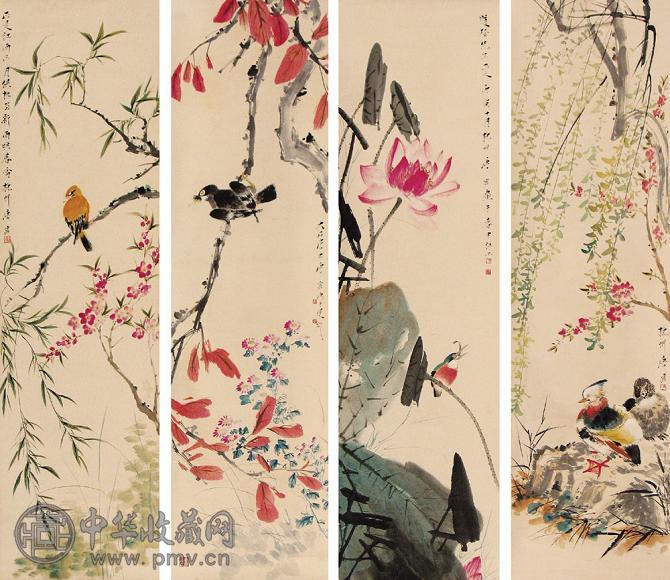 唐云 庚寅(1950年)作 花鸟 四屏 设色纸本