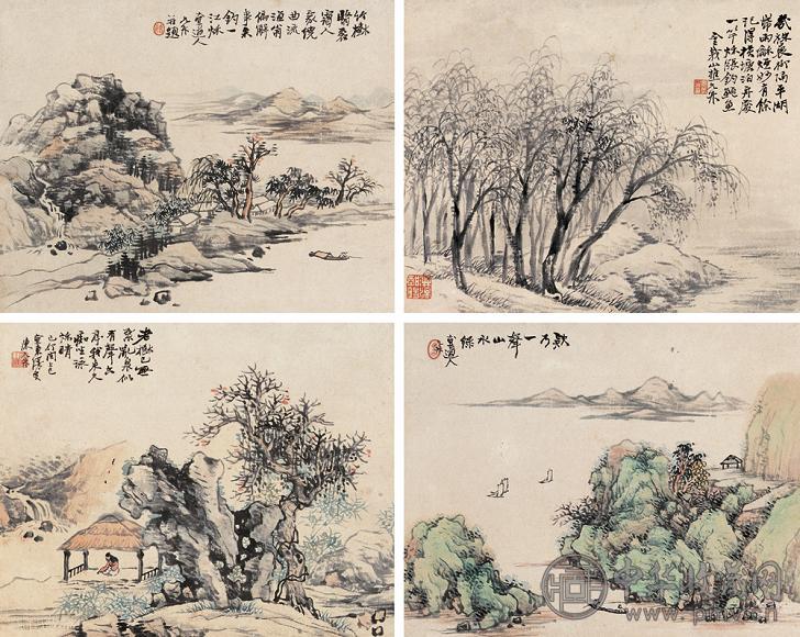 陈允升 横塘泊舟图等 四屏 设色纸本