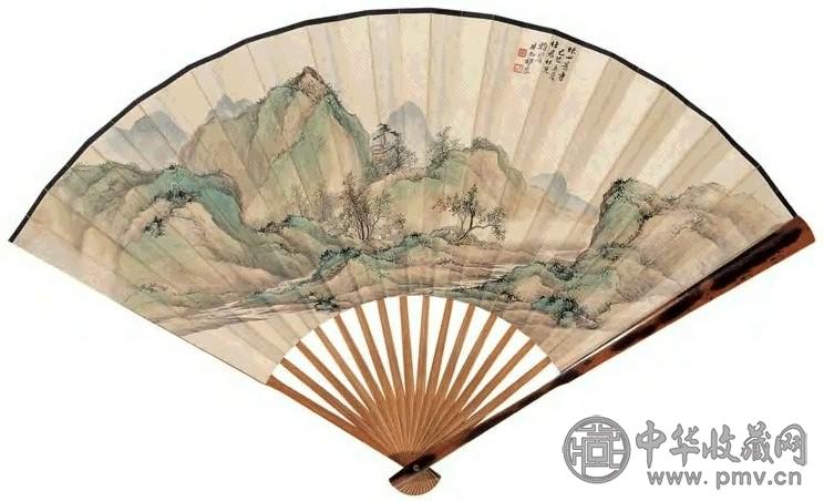 祁崑 吴毅 秋山萧寺图 行书论唐人书 成扇 设色纸本