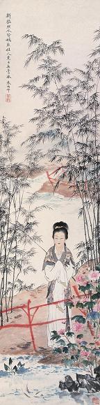 朱梅邨 竹林仕女 立轴 设色纸本