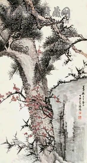 汤涤 1927年作 岁寒三友 立轴 设色纸本