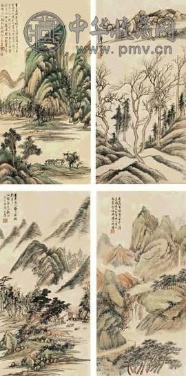 陈子清 1928年作 山水 四屏 设色纸本