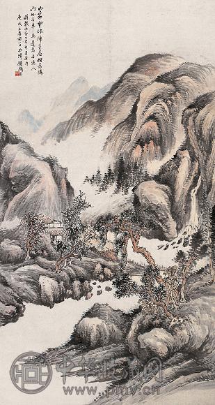 顾麟士 1910年作 芳屋云树图 立轴 设色纸本