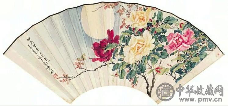 陆文郁 甲申(1944年)作 花好月圆 扇面 设色纸本