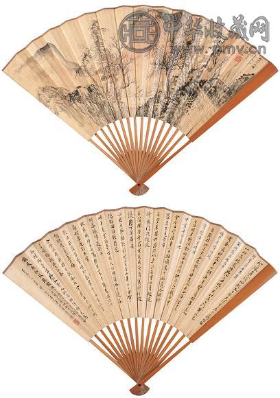 溥佺 1942年作 山水 行书 成扇 设色纸本