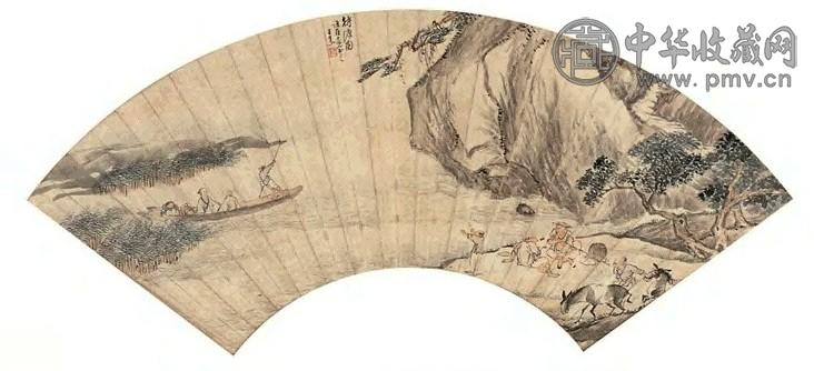 王素 待渡图 扇面 设色纸本