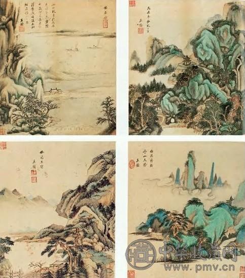 王鉴 丙辰(1676年)作 四景山水 册页(4开) 设色纸本