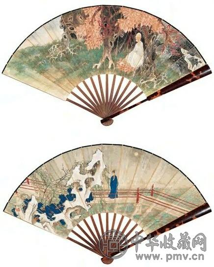 1917年 俞明 红桥踏月图并古佛参禅图 成扇 设色纸本