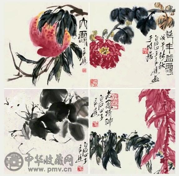 齐良迟 戊午(1978年)作 花卉 四幅 镜片 设色纸本