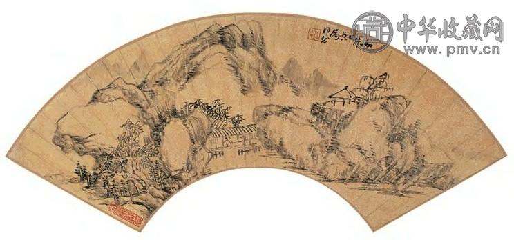 汪昉 水阁听泉图 扇面 水墨金笺