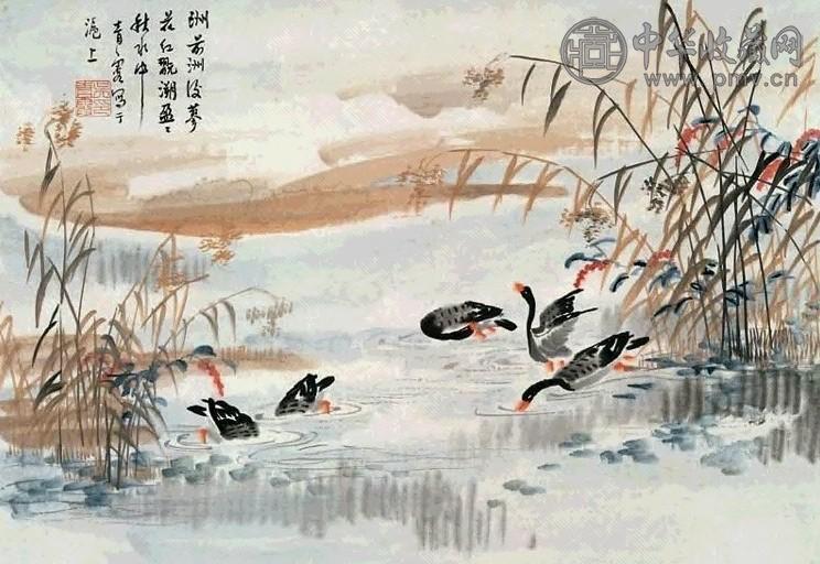 吴青霞 红蓼洲禽图 镜心 设色纸本
