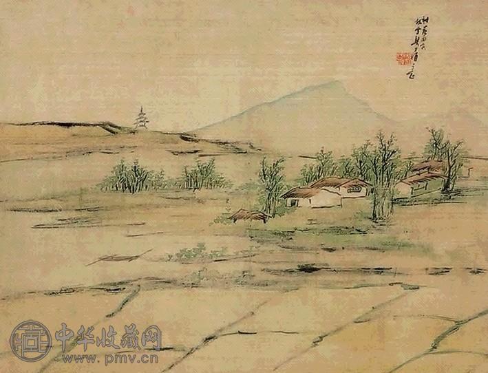 梁于渭 村落田家 镜片 设色纸本