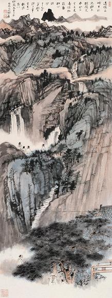 张大千 乙亥(1935年)作 黄山观瀑图 立轴 设色纸本