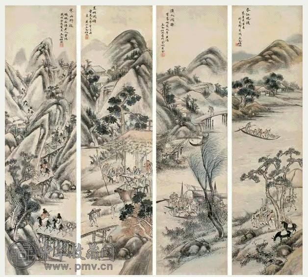 任预 春江晚渡屏 立轴 设色纸本
