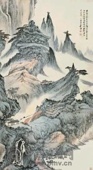 郑午昌 1947年作 水涧云壑图 立轴 纸本、设色