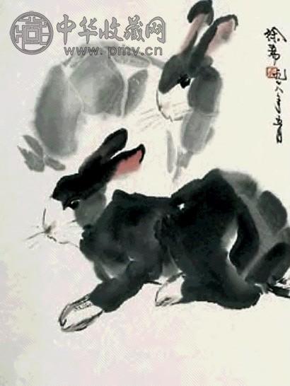 徐希 双兔 立轴 设色纸本