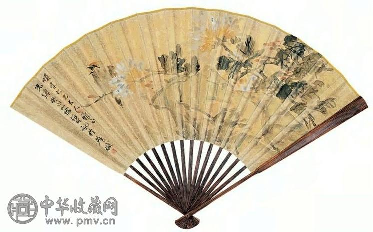 任伯年 1893年作 菊石小鸟 扇面 设色金笺