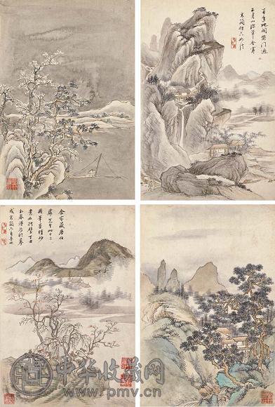 高简 一六九七年作 摹唐寅山水 册页(12开选4) 设色纸本