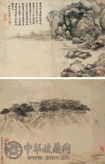 王云 朱秉 小径通幽堂图 石钟山图(1对) 镜心 水墨纸本