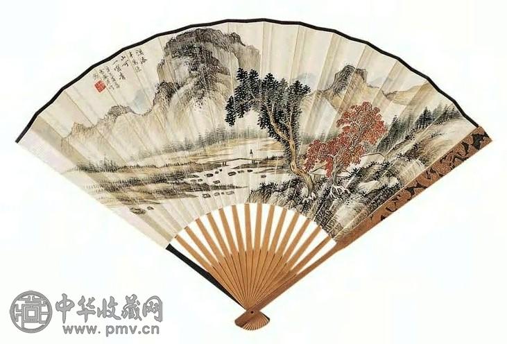 现代 溥伒 秋山远眺 成扇