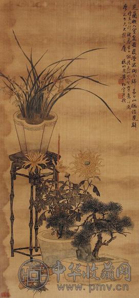 黄柏 乙卯(1855年)作 花卉 立轴 设色绢本
