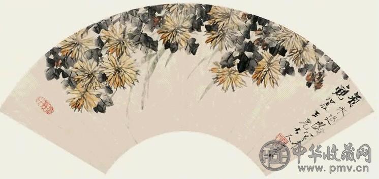 虚谷 菊花满枝 扇面 设色纸本