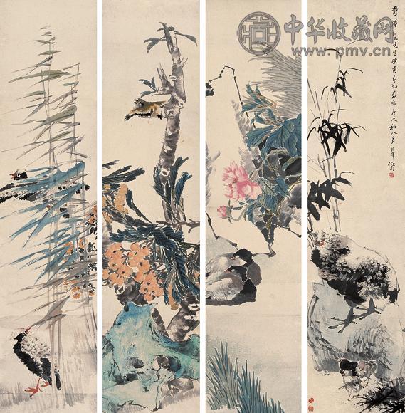 任伯年 1880年作 花鸟 四屏 设色纸本