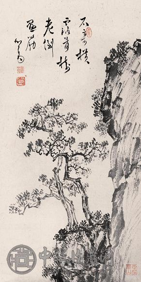 溥儒 奇石老树图 立轴 设色纸本