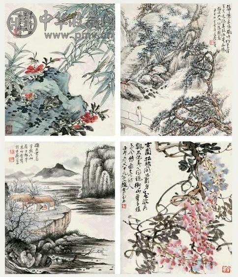 袁培基 1942年作 花鸟山水 四屏 设色纸本