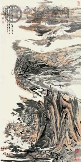 陆俨少 1990年作 鱼米之乡 立轴 设色纸本