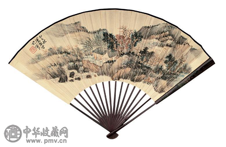 萧愻 丁佛言 山居图 金文 成扇 设色纸本