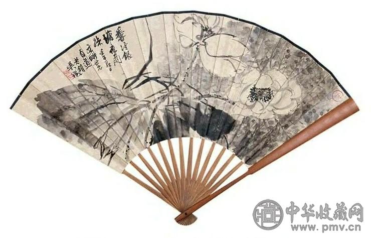 吴待秋 1942年作 荷 书法 扇面 水墨纸本